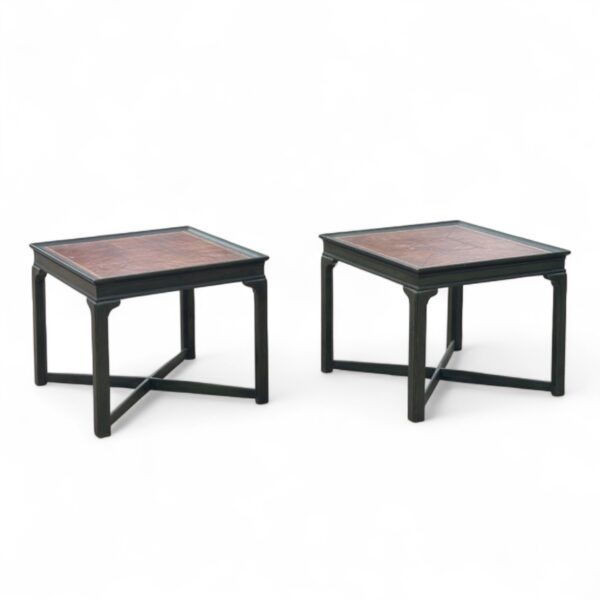 Pair Drexel Heritage Green Asian Tables w/ X-Base & Leather Tops